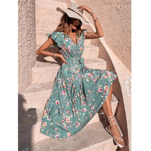 Floral Dress Surplice Overlapping V Neck Fit & Flare Maxi Long Green Tie Belt - Picture 3 of 8